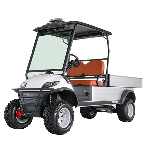 White golf cart with a brown seat on a white background