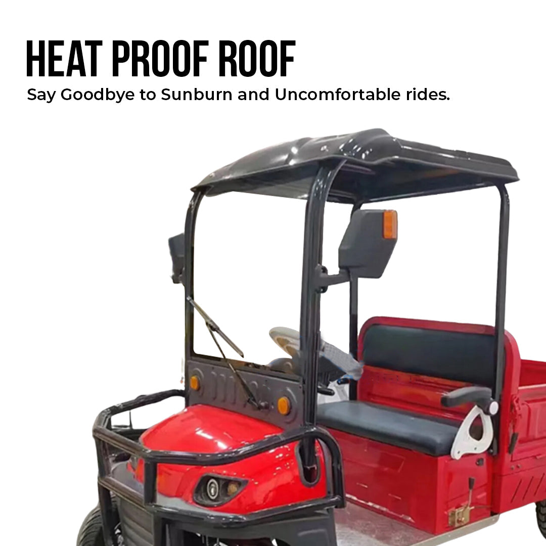 Red golf cart with a heat proof roof on a white background