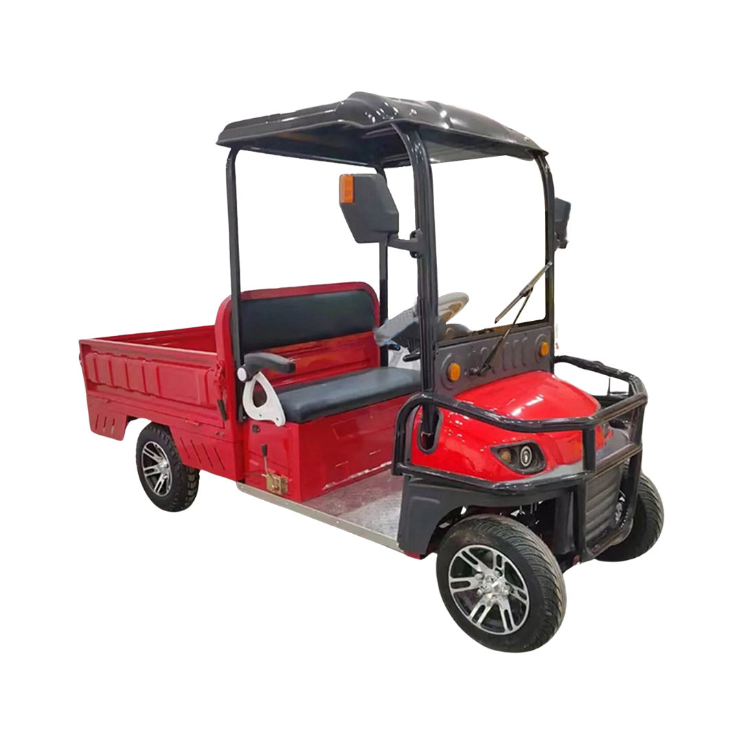 Red golf cart with a black canopy on a white background