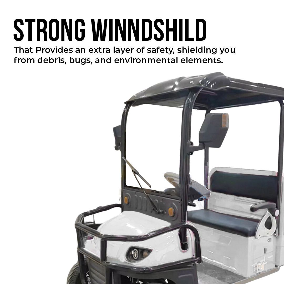 Golf cart with a strong windshield feature on a white background