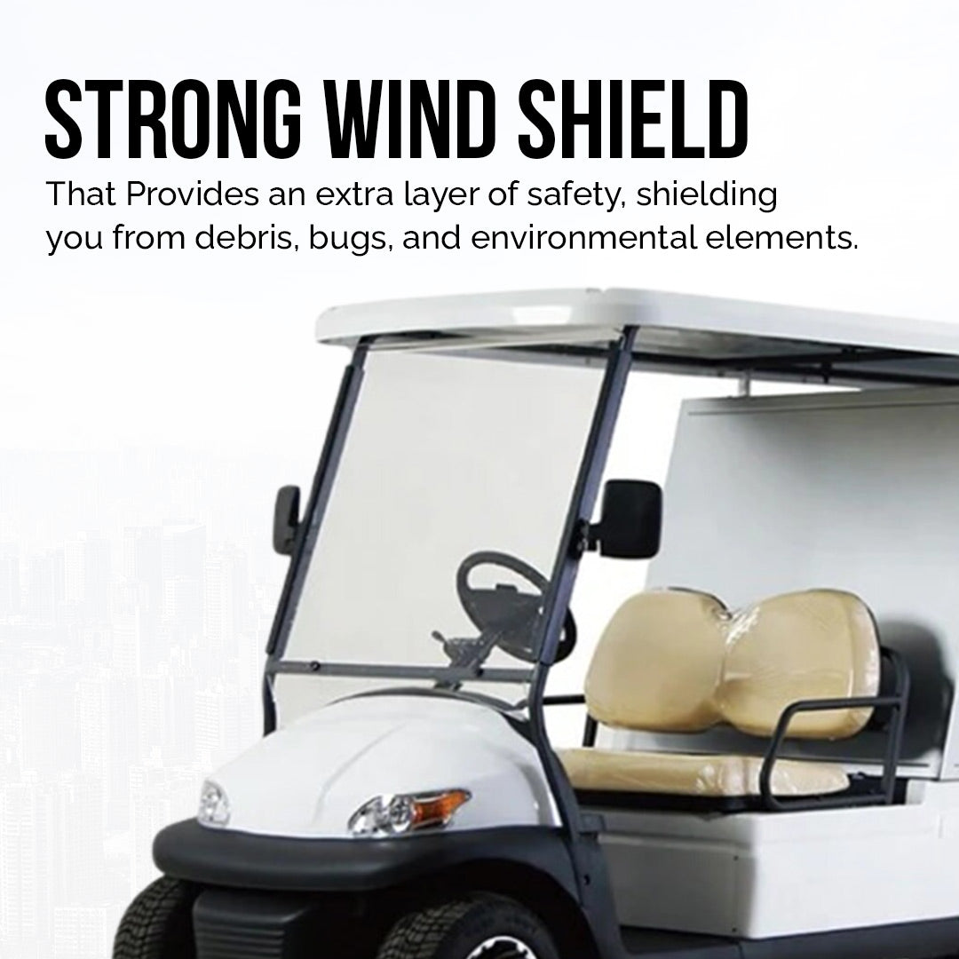 White golf cart with a clear windshield on a white background, featuring text about a strong windshield.