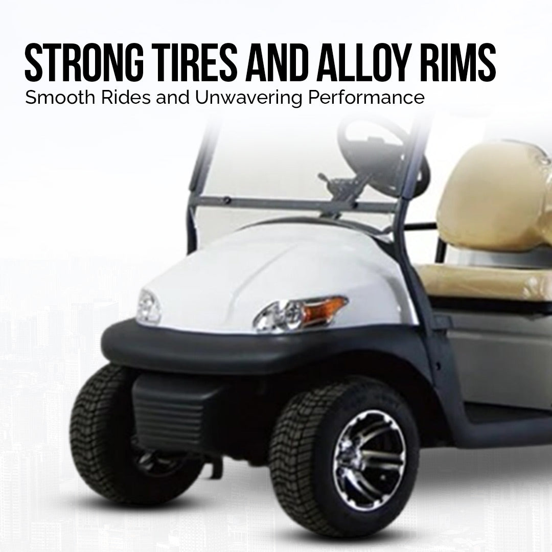 White golf cart with alloy rims on a white background, emphasizing strong tires and performance.