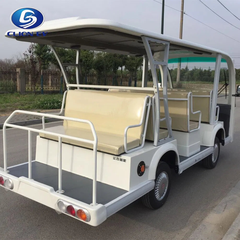 White electric tourist cart with beige seats on a road, featuring the CLION logo.