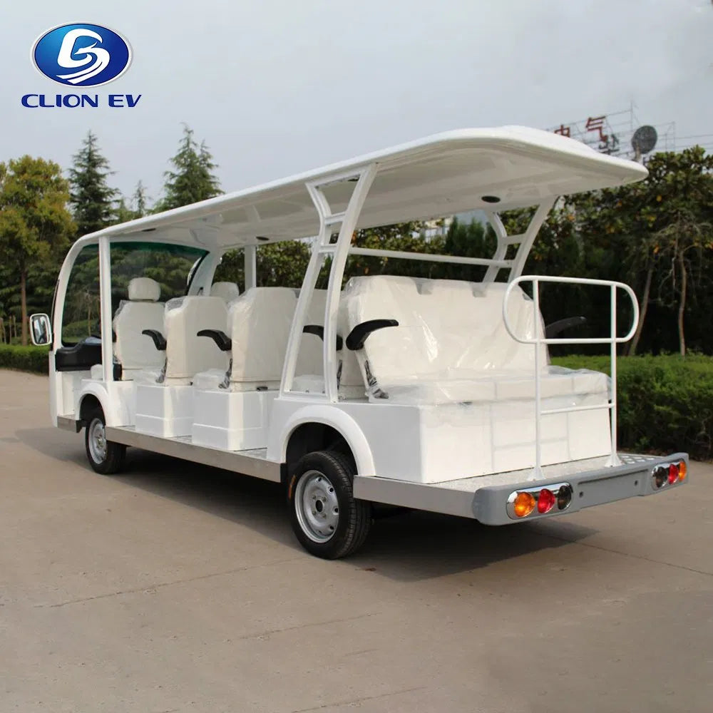 White electric vehicle with multiple seats on a paved road, featuring the Lyion EV logo.