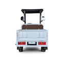 ocean cartz rear studio shot of a white utility electric vehicle with a flatbed, set against a pure white background. The image clearly shows the back of the work cart's cargo bed, large red and orange taillights, and the license plate mounting area. The black roof and the top of the brown seat backrest are visible, showcasing the vehicle's compact, two-seater utility design for hauling.