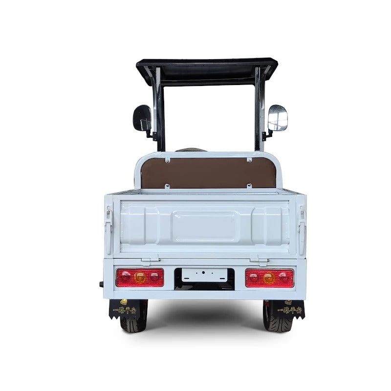 ocean cartz rear studio shot of a white utility electric vehicle with a flatbed, set against a pure white background. The image clearly shows the back of the work cart's cargo bed, large red and orange taillights, and the license plate mounting area. The black roof and the top of the brown seat backrest are visible, showcasing the vehicle's compact, two-seater utility design for hauling.