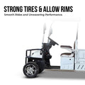 ocean cartz promotional image of the front driver's side of a white utility electric vehicle, showcasing the wheels and cabin area. The image highlights the strong tires and allow rims with the text headline 