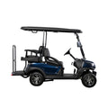 ocean cartz side profile studio shot of a deep blue four-seater golf cart with a black roof, set against a pure white background. This electric vehicle features black seats, a foldable rear seat that converts to a cargo platform, and a modern front design. The luxury golf cart is equipped with all-terrain tires and custom black and silver wheels, highlighting its stylish and functional design.