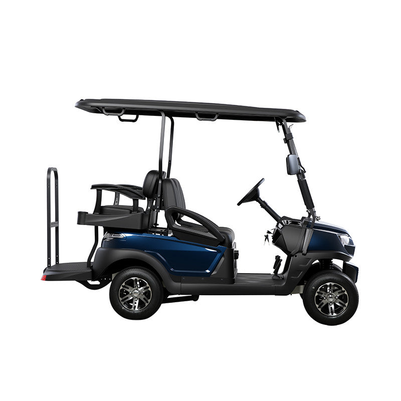 ocean cartz side profile studio shot of a deep blue four-seater golf cart with a black roof, set against a pure white background. This electric vehicle features black seats, a foldable rear seat that converts to a cargo platform, and a modern front design. The luxury golf cart is equipped with all-terrain tires and custom black and silver wheels, highlighting its stylish and functional design.
