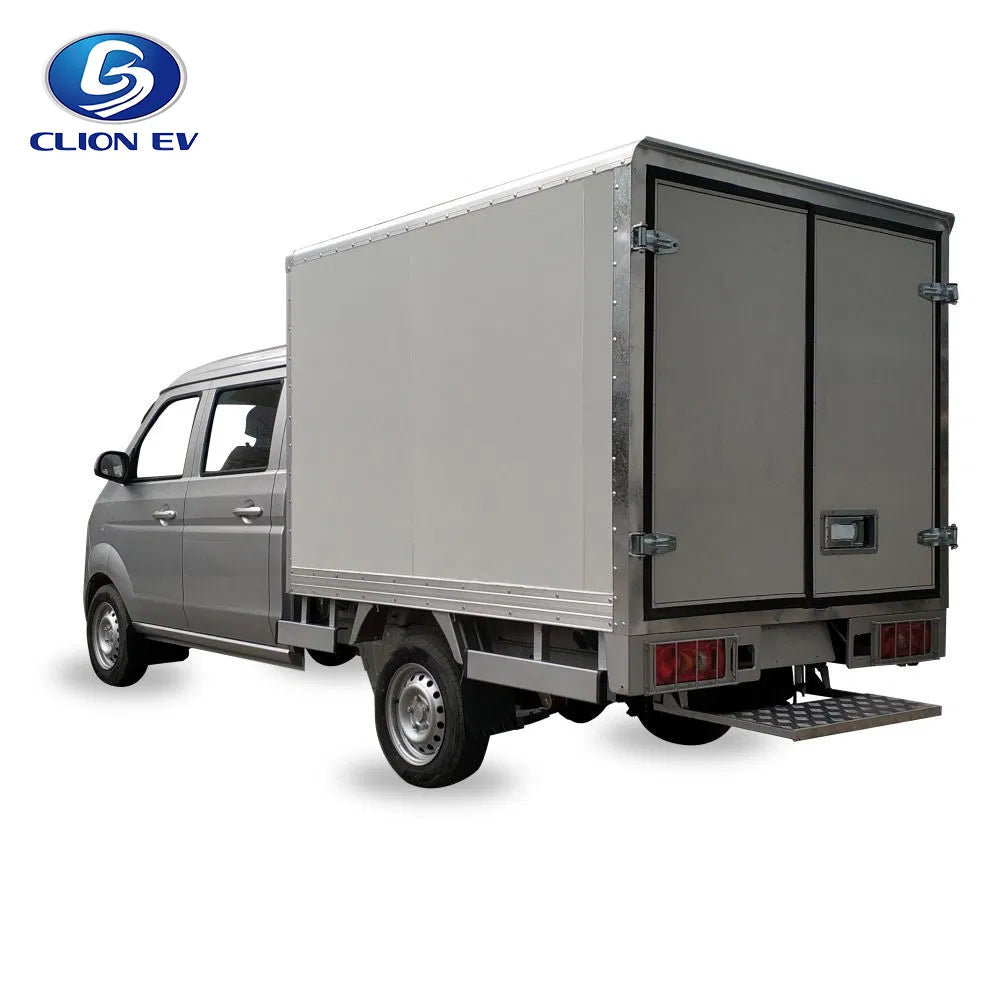 Gray electric van with a closed cargo box on a white background, featuring the Clion EV logo.