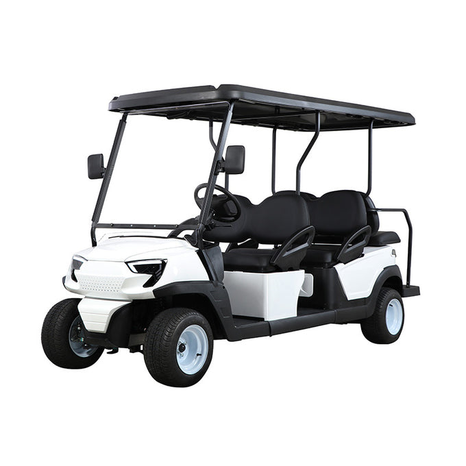 White golf cart with black seats on a white background