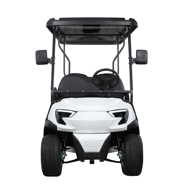 White golf cart with black roof and accents on a white background