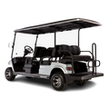 White golf cart with black seats and canopy on a white background