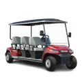 Red golf cart with six seats on a white background