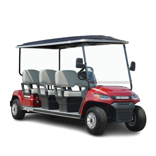 Red golf cart with six seats on a white background