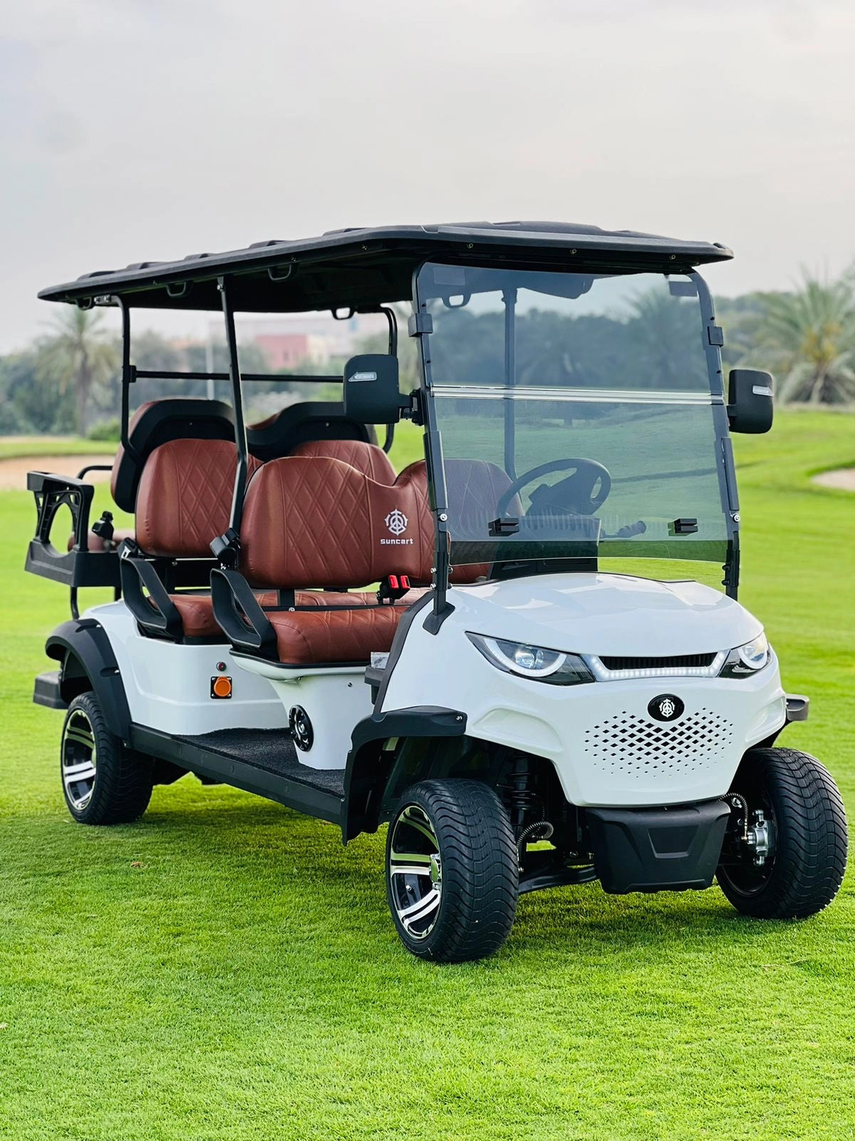 White golf cart with brown seats on a grassy area