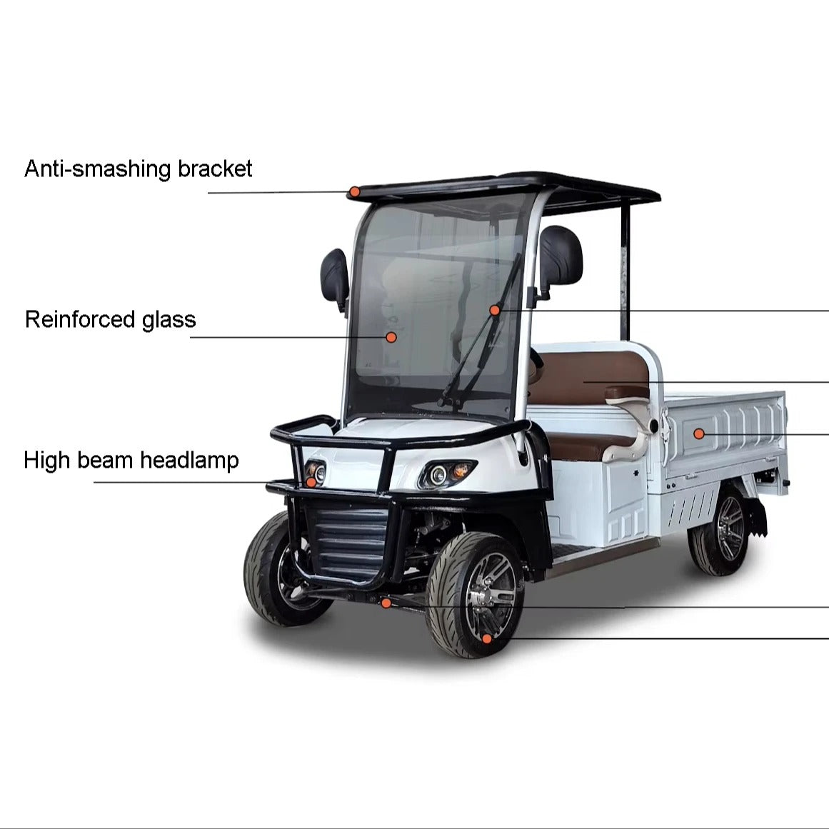 Golf cart with labeled parts on a white background