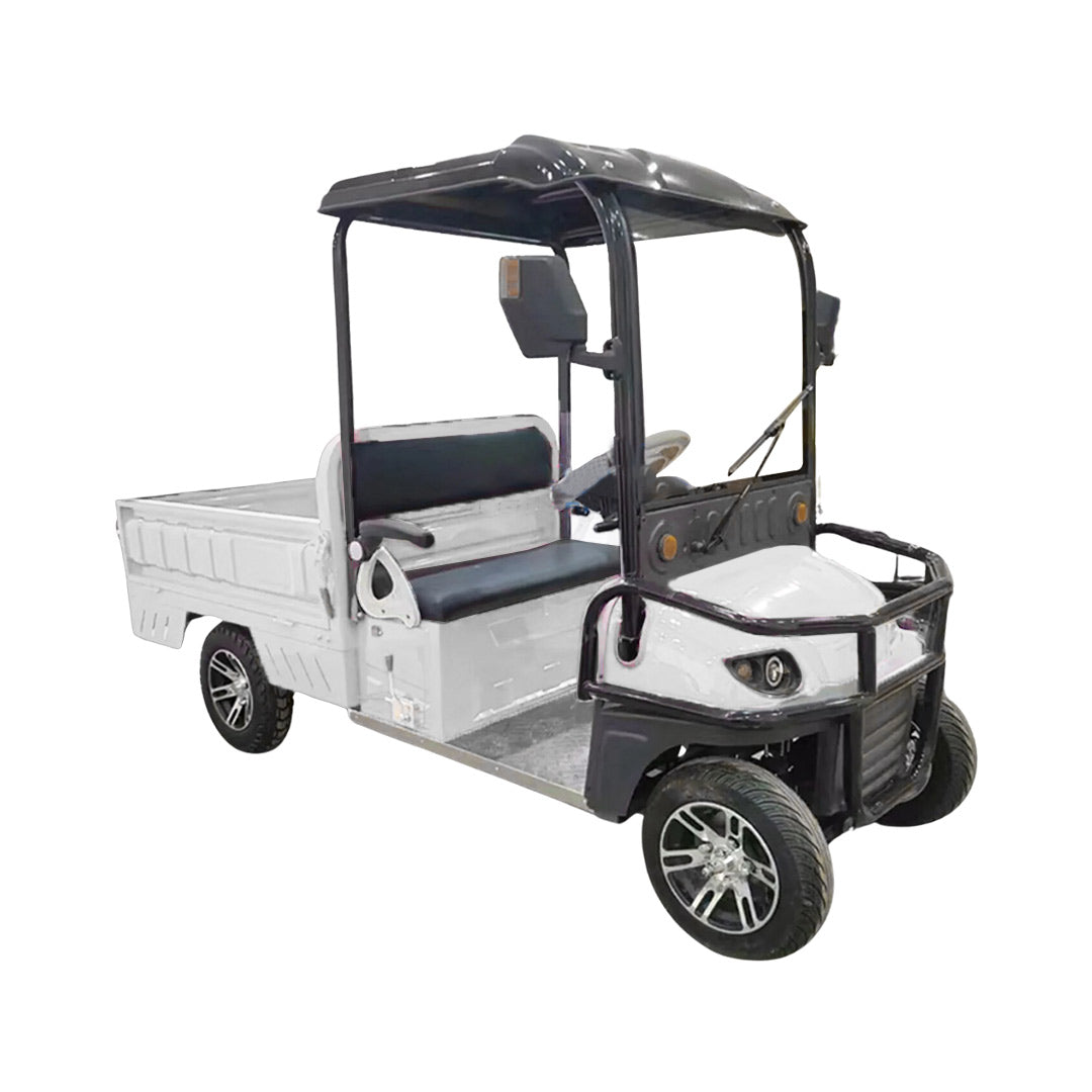 Golf cart with a small bed on a white background