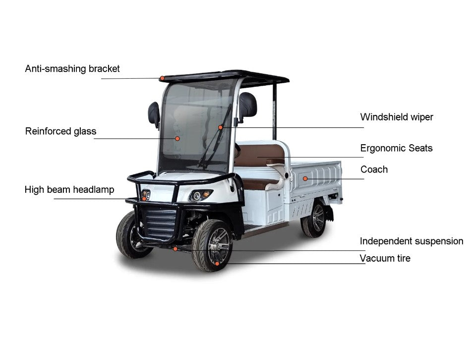 Golf cart with labeled features on a white background