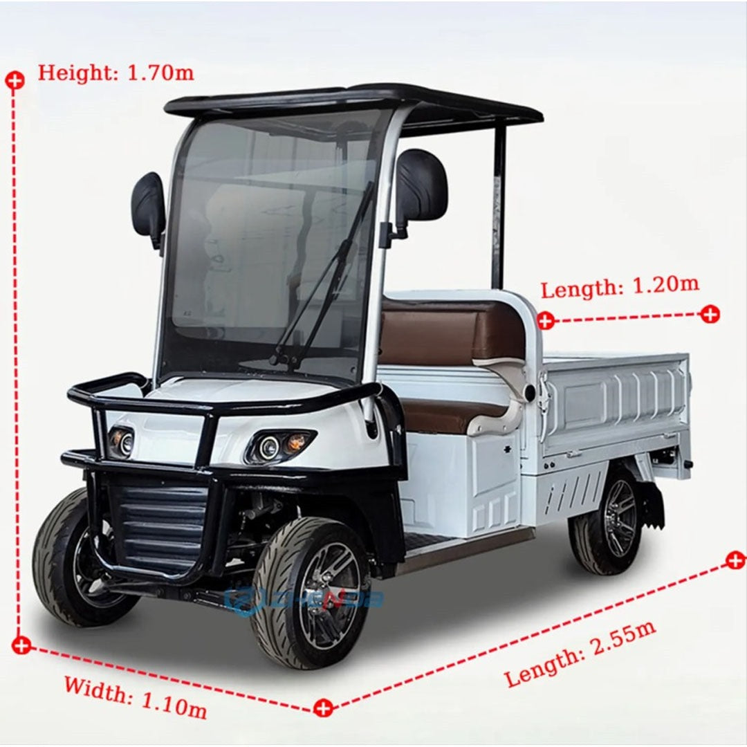 Golf cart with dimensions marked on a white background
