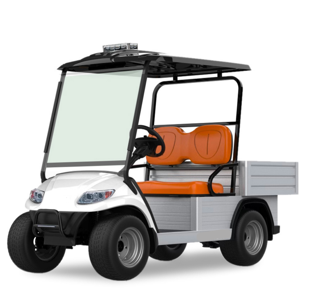 White golf cart with orange seats on a white background