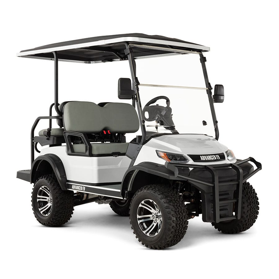 White golf cart with black accents on a white background