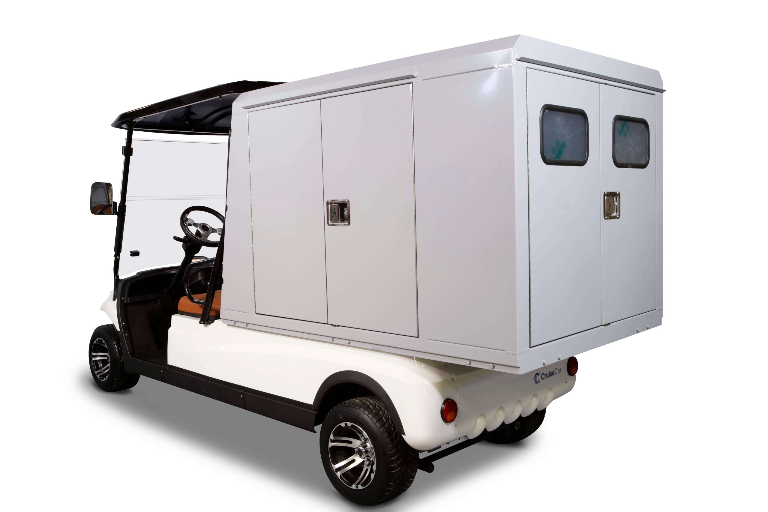 White delivery vehicle with a closed cargo box on a white background