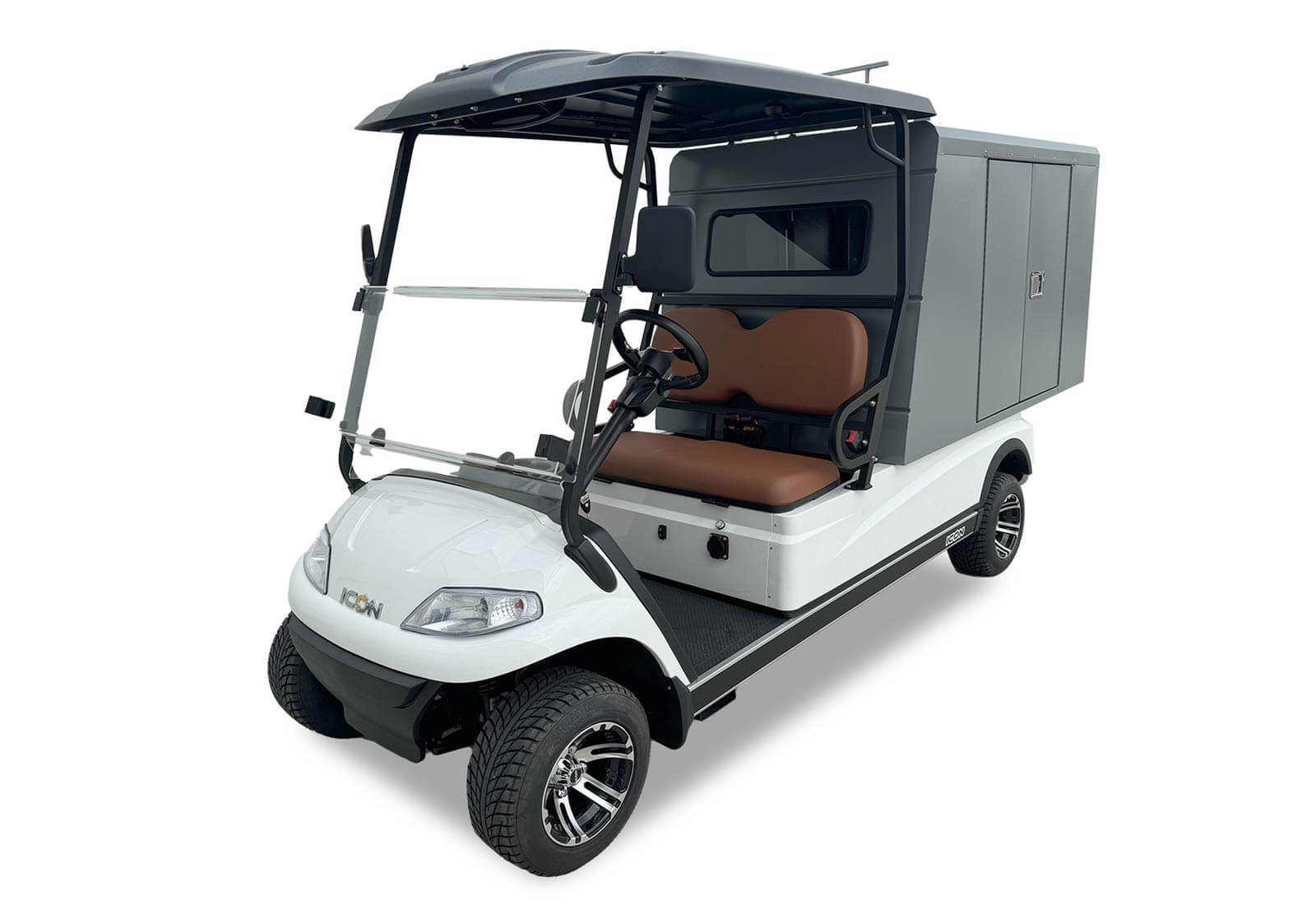 White golf cart with a dark roof and brown seat on a white background