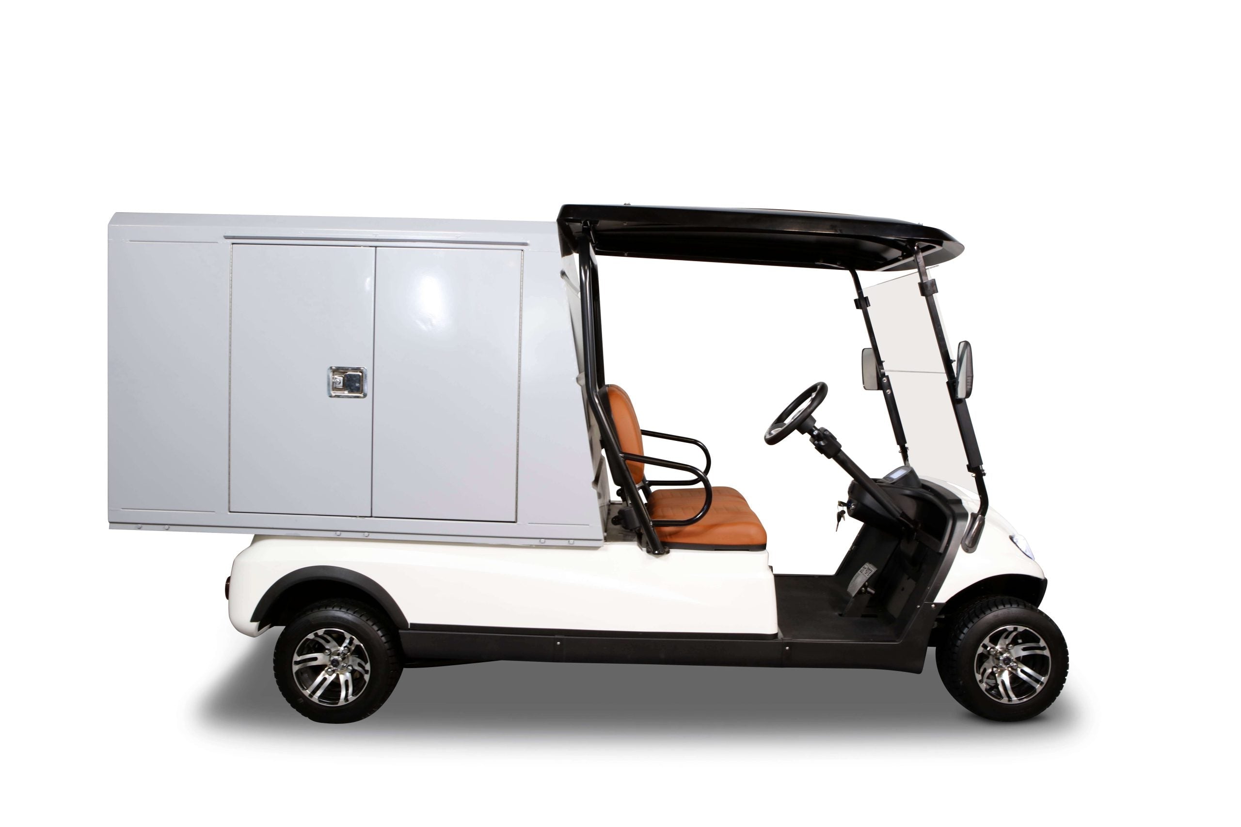 White electric cart with storage cabinet on a white background