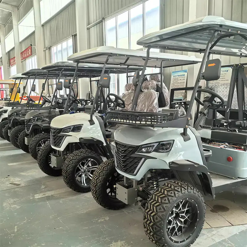 Row of golf carts in a showroom setting