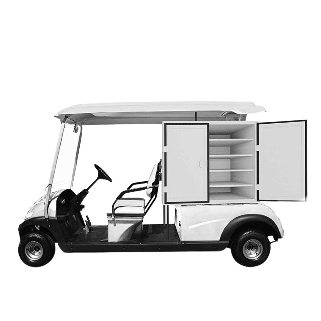 White golf cart with open doors on a white background