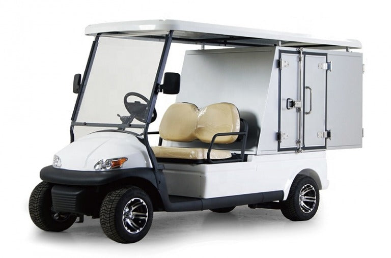 White golf cart with a canopy and storage compartments on a white background