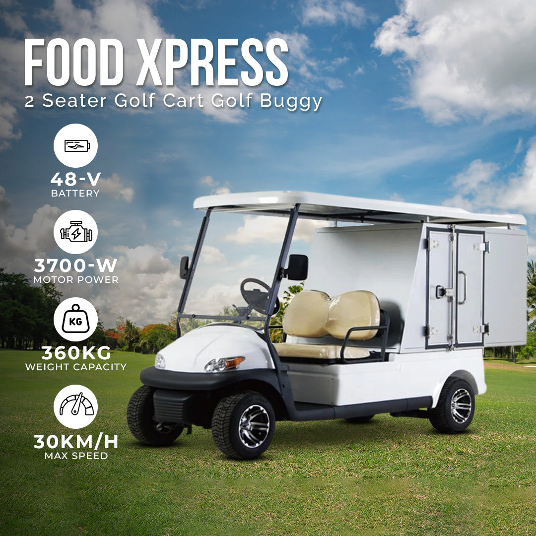 White golf cart with features listed on a grassy field background