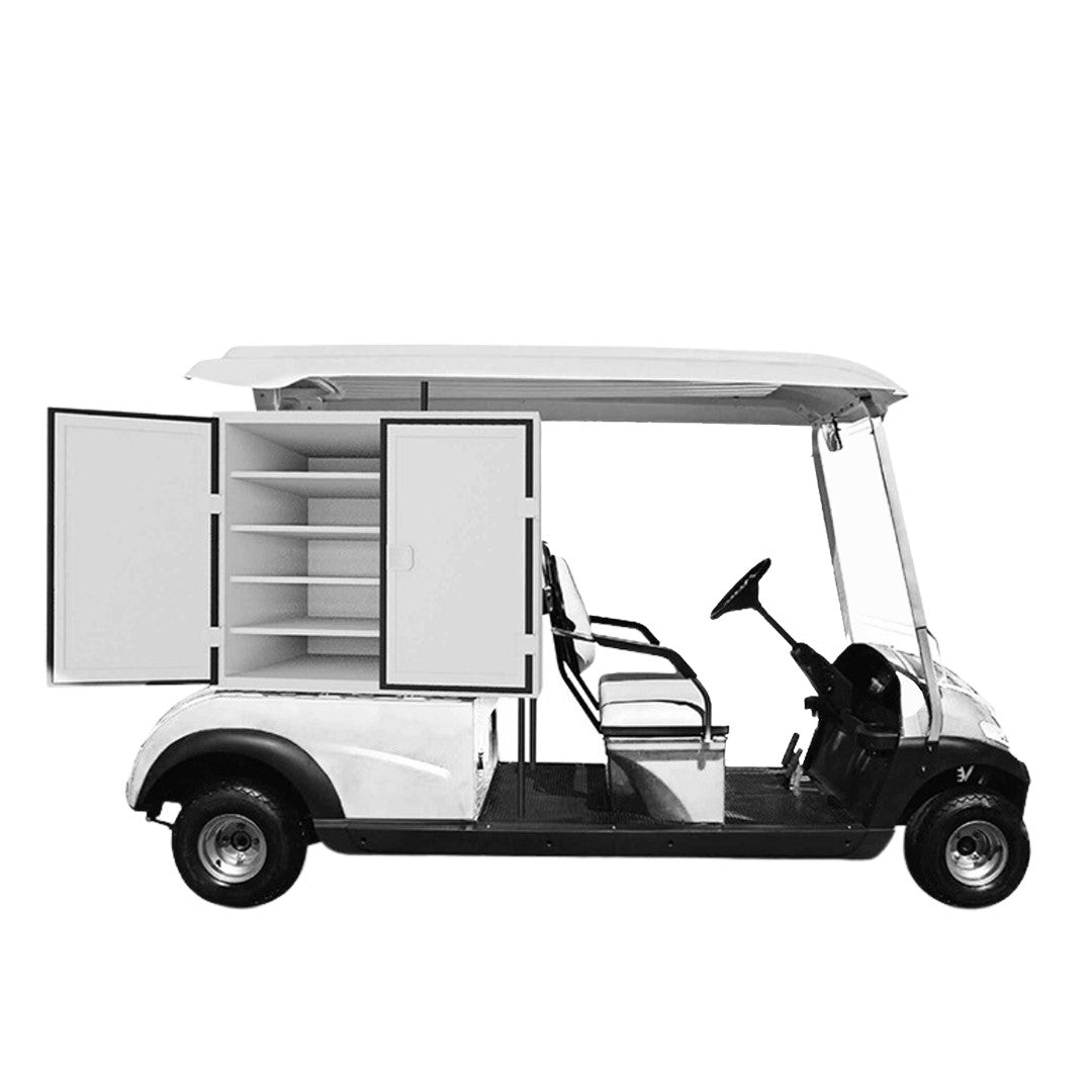 White golf cart with open side door on a white background