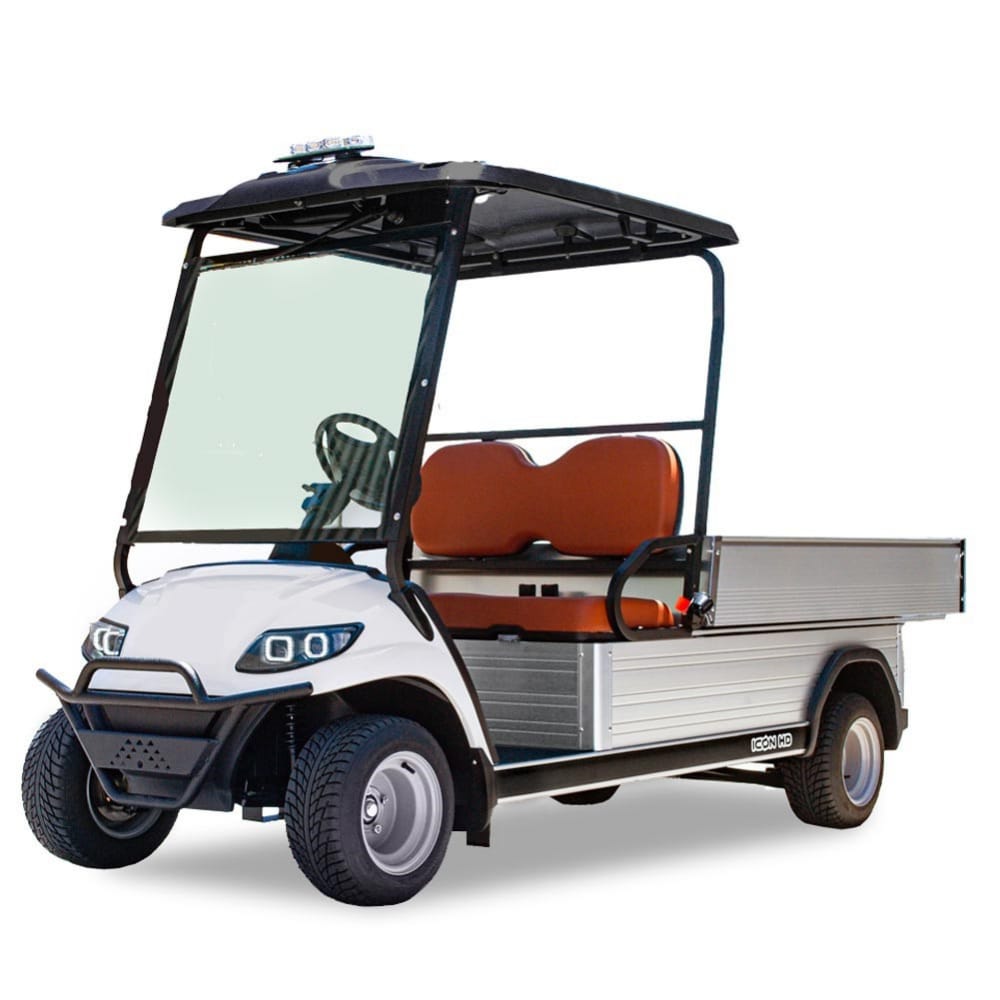White golf cart with a black roof and orange seat on a white background