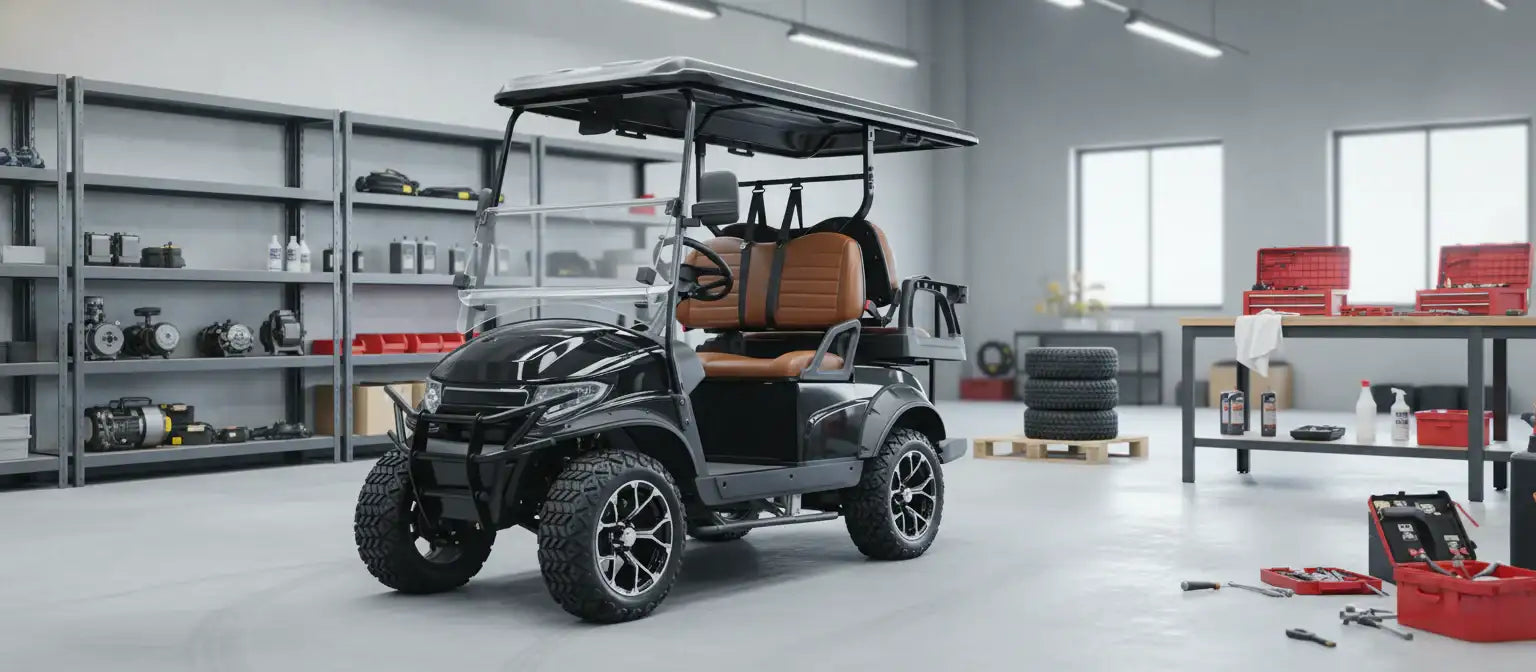Black golf cart with tan leather seats and a sleek, modern design.