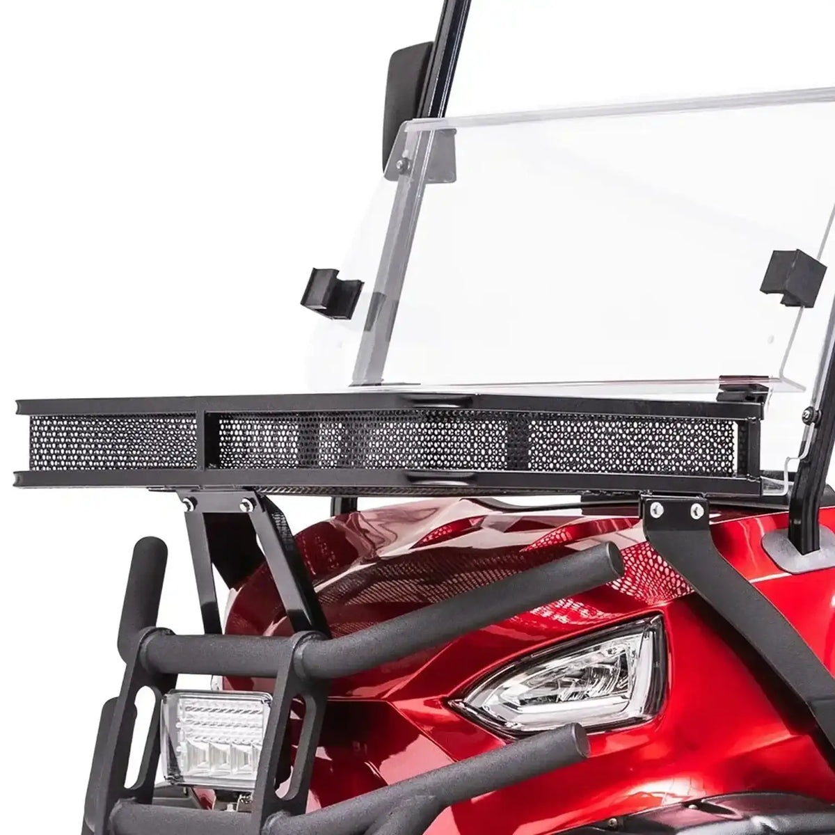 ocean cartz close-up detail of the front end accessories on a red utility golf cart. The image highlights the heavy-duty black tubular brush guard, a central LED light bar, and a perforated metal front cargo basket mounted above the red hood. The folding windshield is also visible, showcasing the rugged, accessorized design of the off-road electric vehicle.