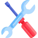 Blue and red plastic toy tools.