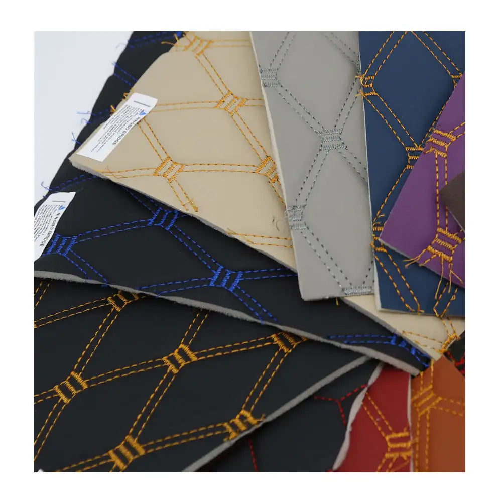 A collection of leather samples in various colors including black, beige, gray, navy blue, and purple, each featuring a distinctive diamond-quilted pattern with contrasting stitching.