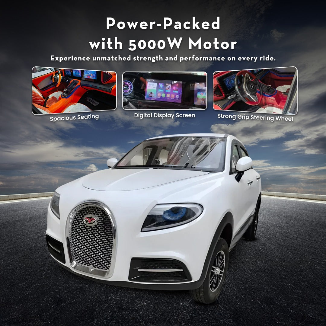 White SUV on a road with features highlighted and text about power-packed motor.