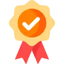 Golden award badge with a red ribbon.