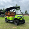 Lime green golf cart with brown seats on a grassy area