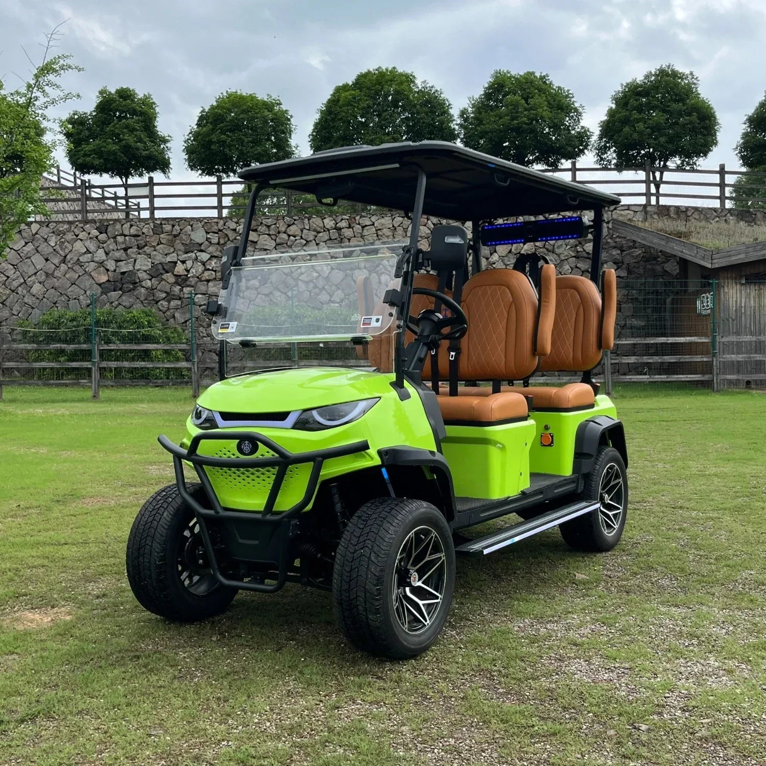 Green golf cart with brown seats on a grassy area with trees in the background