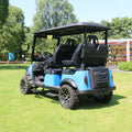 Blue and black golf cart on a grassy area with trees in the background