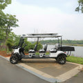 Electric golf cart on a paved path with trees and water in the background