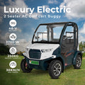 ocean cartz promotional image of a Luxury Electric 2 Seater AC Golf Cart Buggy with a fully enclosed cab, parked on green grass under a sunny, blue sky. The white and dark teal or green-blue electric car is highlighted alongside its key specifications: 48-V battery, 3700-W motor power, 250KG weight capacity, and 30KM/H max speed. This two-seater enclosed NEV is shown in a resort or golf course setting, emphasizing its luxury and performance features.
