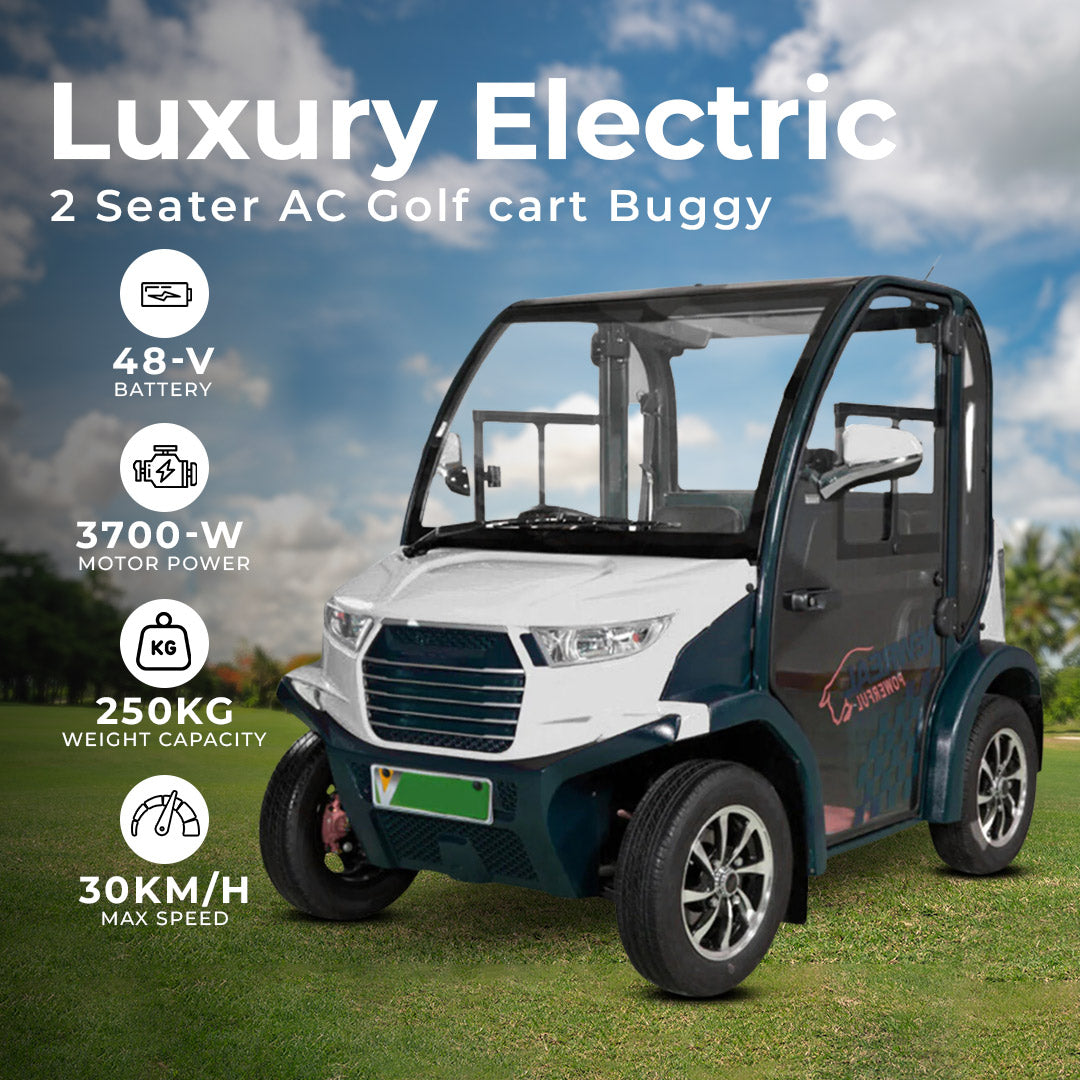 ocean cartz promotional image of a Luxury Electric 2 Seater AC Golf Cart Buggy with a fully enclosed cab, parked on green grass under a sunny, blue sky. The white and dark teal or green-blue electric car is highlighted alongside its key specifications: 48-V battery, 3700-W motor power, 250KG weight capacity, and 30KM/H max speed. This two-seater enclosed NEV is shown in a resort or golf course setting, emphasizing its luxury and performance features.
