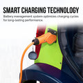 ocean cartz close-up promotional image highlighting the smart charging technology of the electric vehicle. The image focuses on an orange charging plug and cable connected to the side port of the dark blue and bright green-yellow cart body. Text on the image explains that the battery management system optimizes charging cycles for long-lasting battery performance in the electric car.