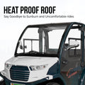 ocean cartz close-up promotional image highlighting the heat proof roof on a compact electric vehicle with an enclosed cabin. The shot shows the front windshield and the white and dark teal or green-blue exterior, with text promoting the heat proof roof for comfort and sun protection. This view emphasizes the all-weather features of the two-seater electric car or NEV.